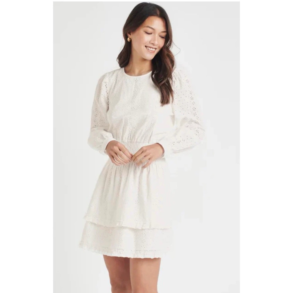 SPLENDID X CELLA JANE White Eyelet Puff Sleeve Mini Dress Large Cottagecore NWT